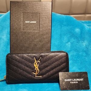 YSL Zip Around Black Quilted Wallet with Gold Logo w/ Box